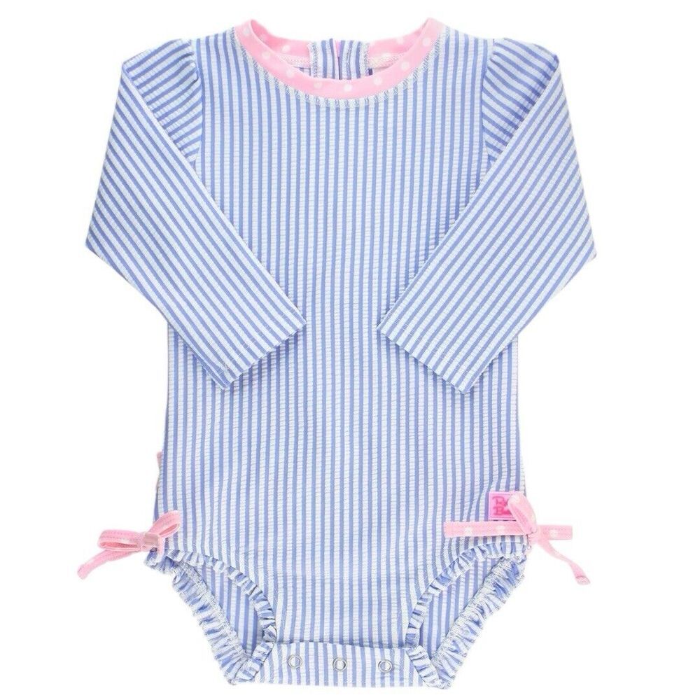 RuffleButts Seersucker One Piece Rash Guard Swimsuit Blue Pink Size 6-12 Months